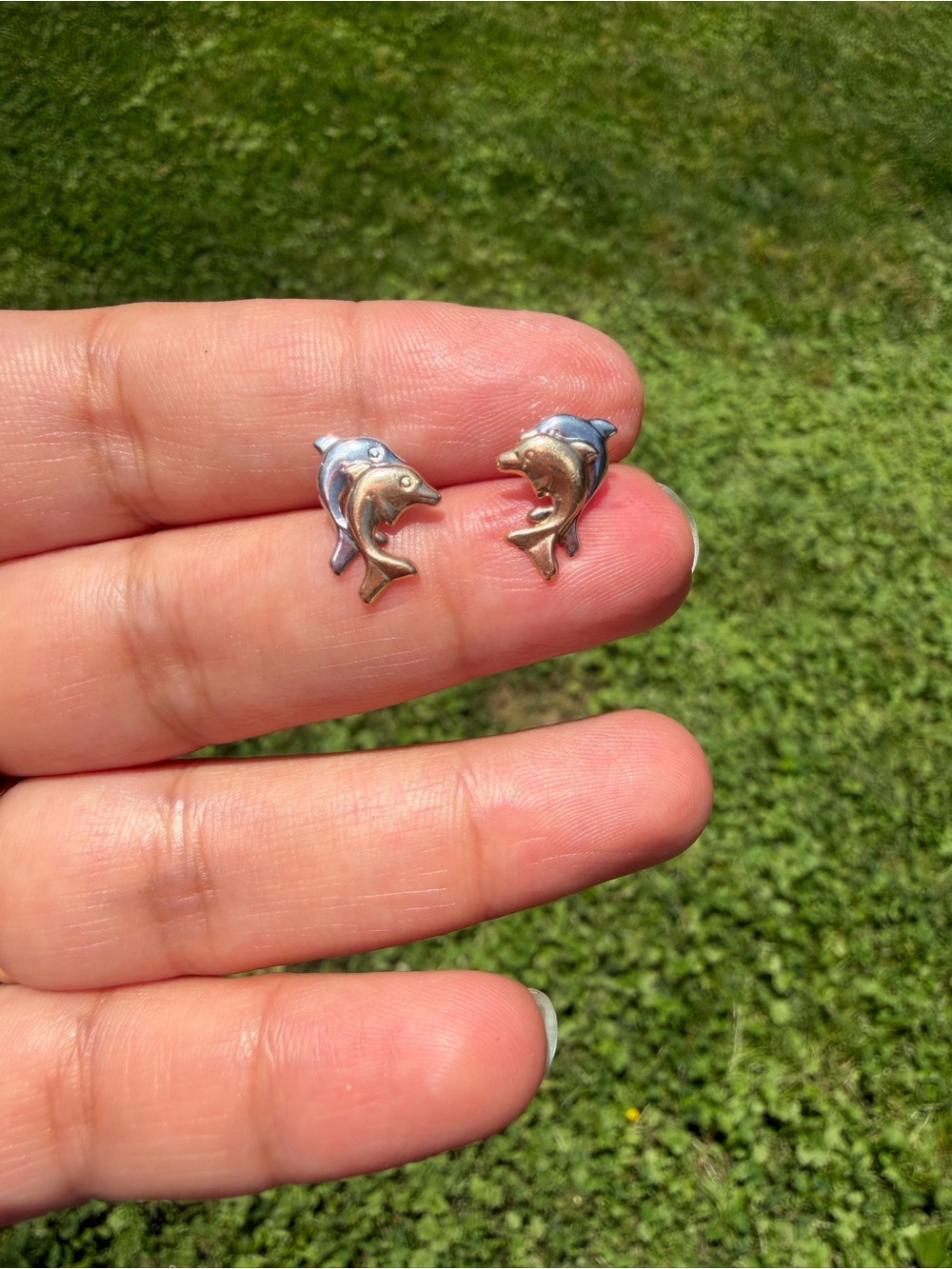 14k Gold Two-Tone Dolphin Stud Earrings